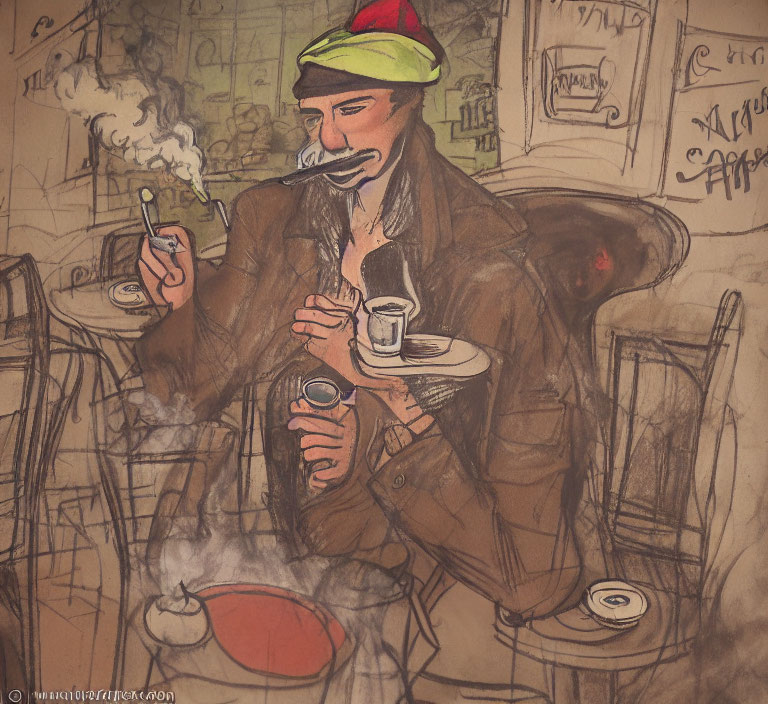 Man in beret smoking and holding coffee at cafe in sketched illustration