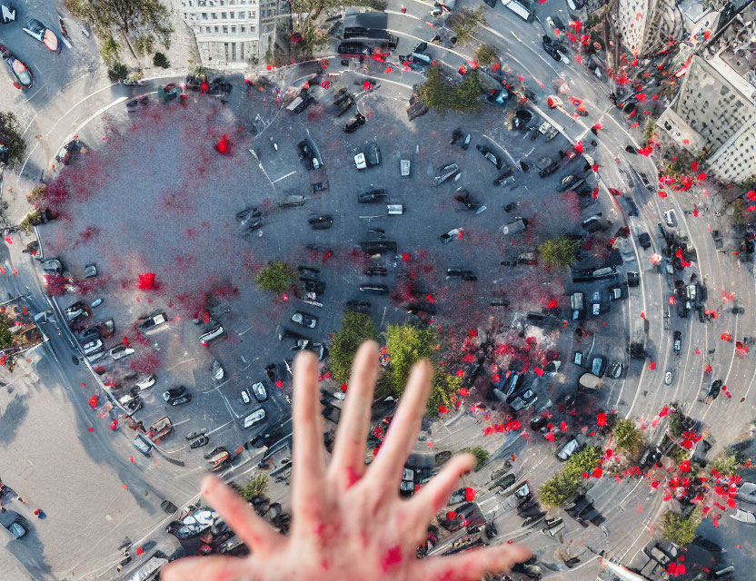 Busy roundabout with vehicles and red trees, blurred hand foreground