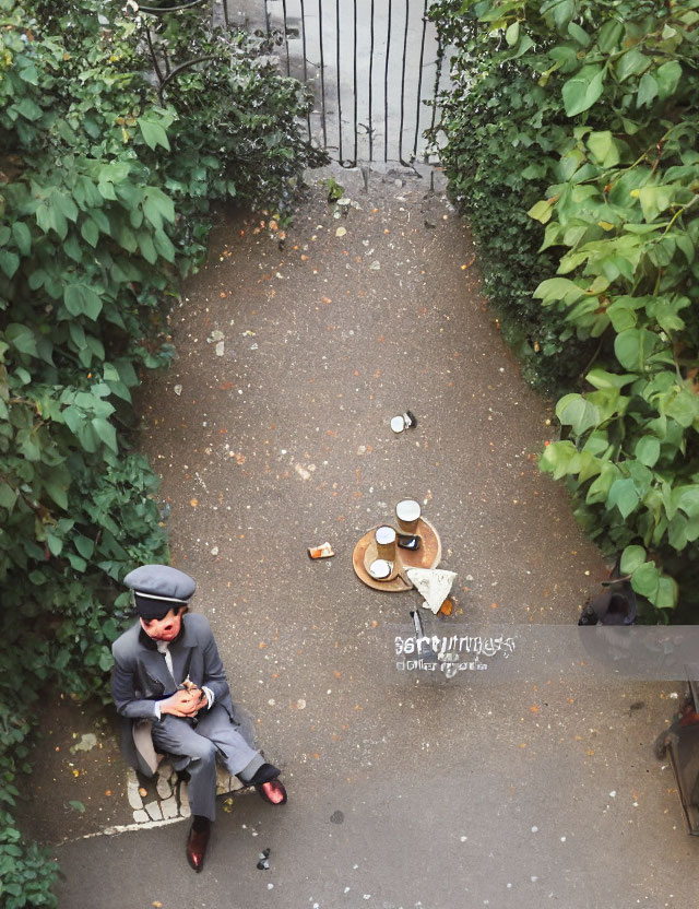 Man sitting at table with papers and spilled drink in greenery setting