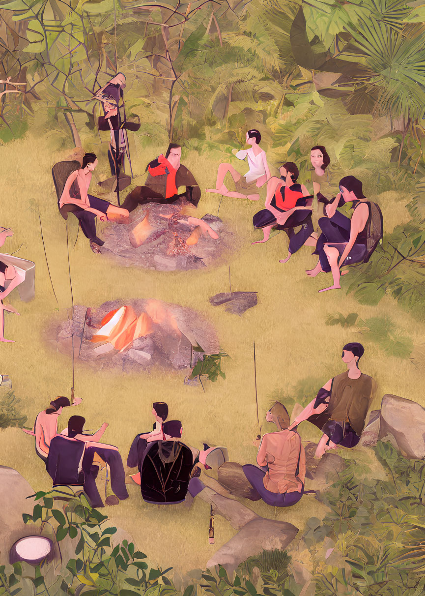 People gathered around campfire in lush forest setting