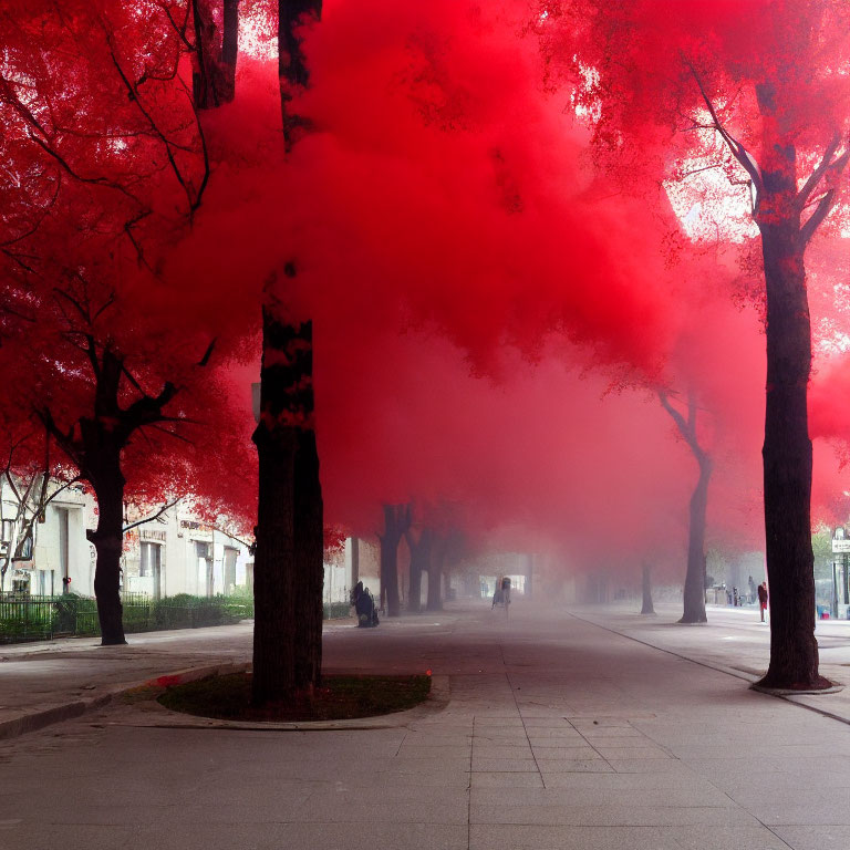 Red-tinted fog over vibrant red trees on city street