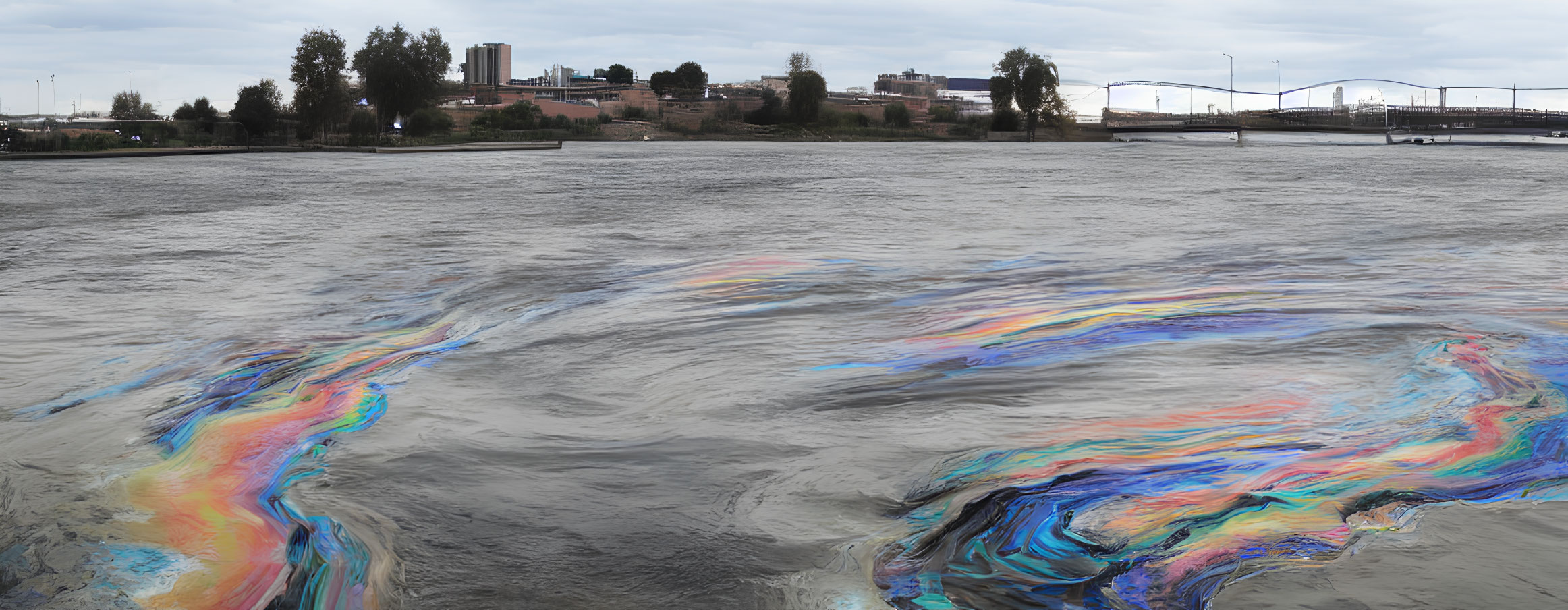 River with Iridescent Oil Pollution, Cityscape, and Bridges in Panoramic View