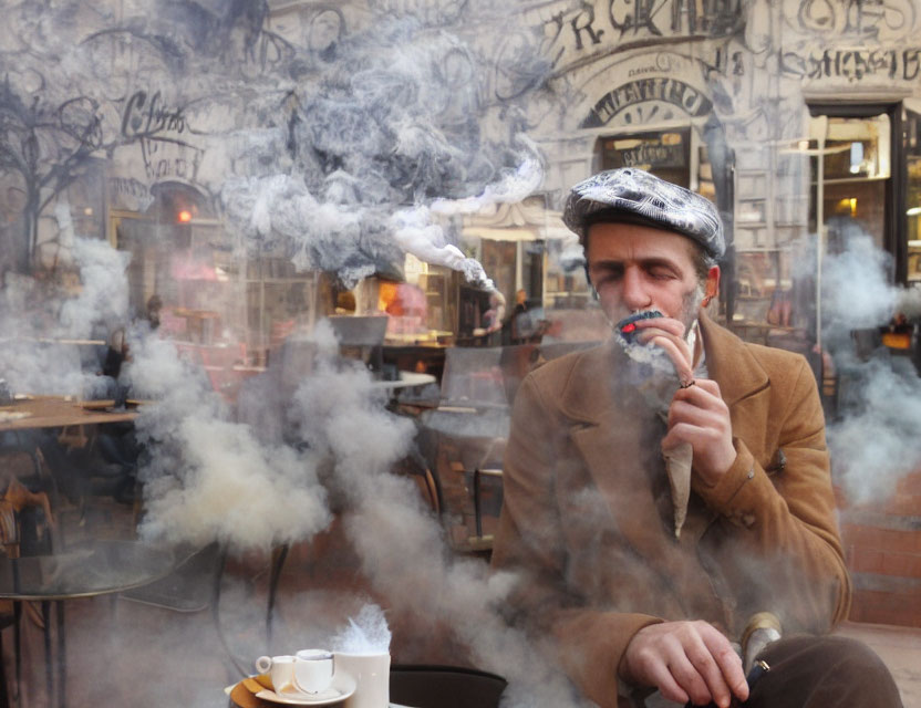 Man Smoking Pipe Outside Café Surrounded by Smoke and Empty Cups