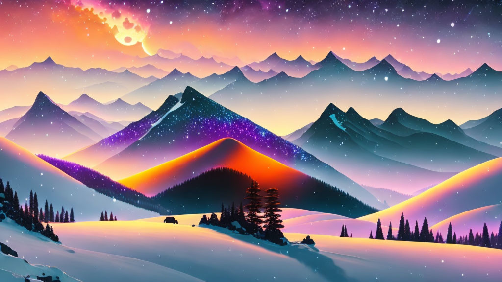 Colorful digital artwork: Mountainous landscape at dusk with snowy peaks