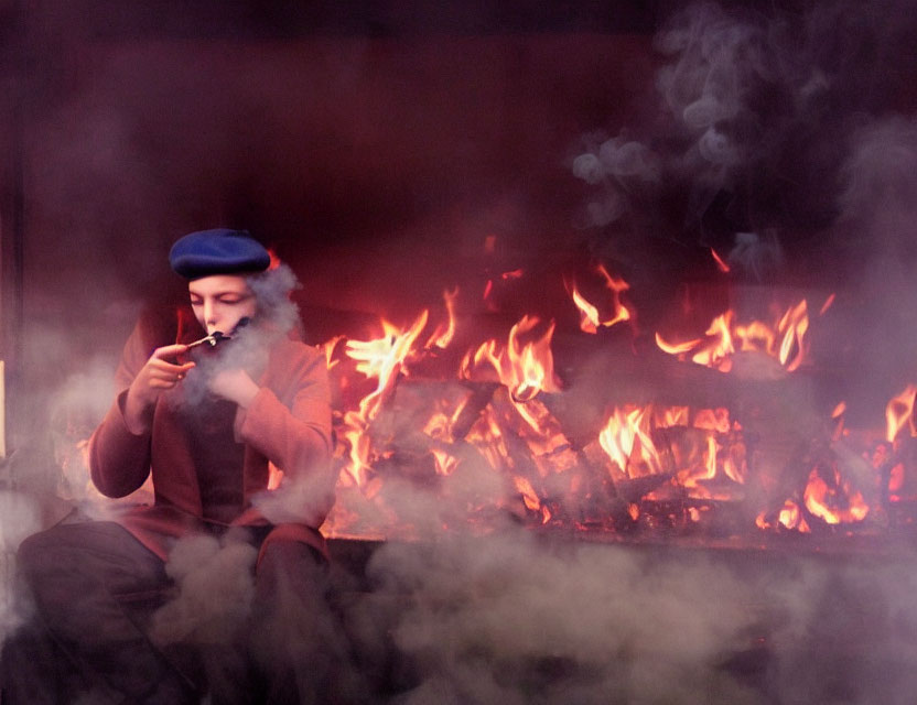 Person in Blue Beret Smoking Pipe by Glowing Fire