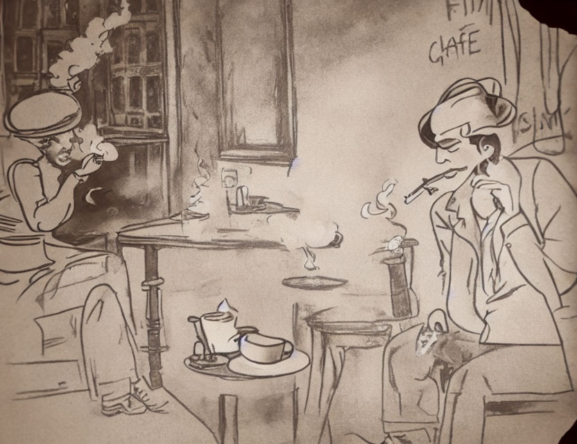 Vintage-style café scene with individuals smoking pipe and cigarette, steaming cups on table