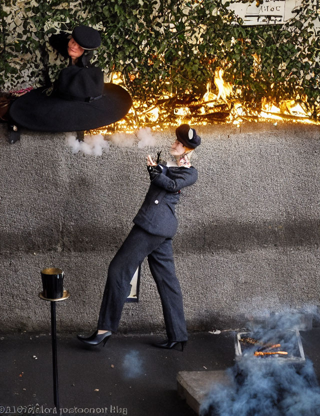 Person in grey suit defies gravity next to person surrounded by ivy