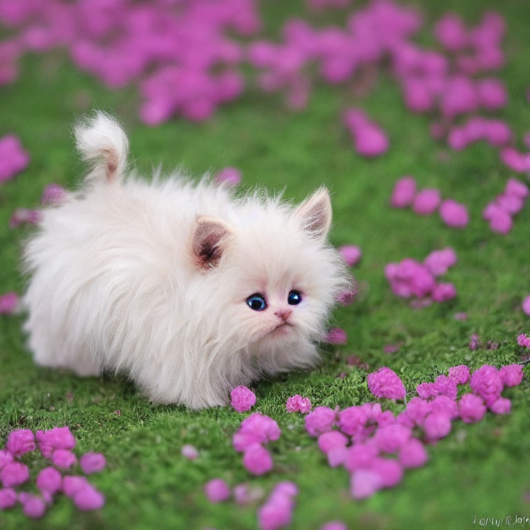 White Kitten with Blue Eyes Among Pink Petals on Green Grass