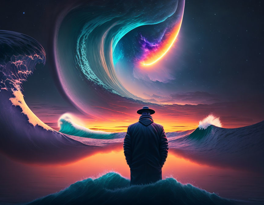 Silhouette person faces surreal towering waves under cosmic sky