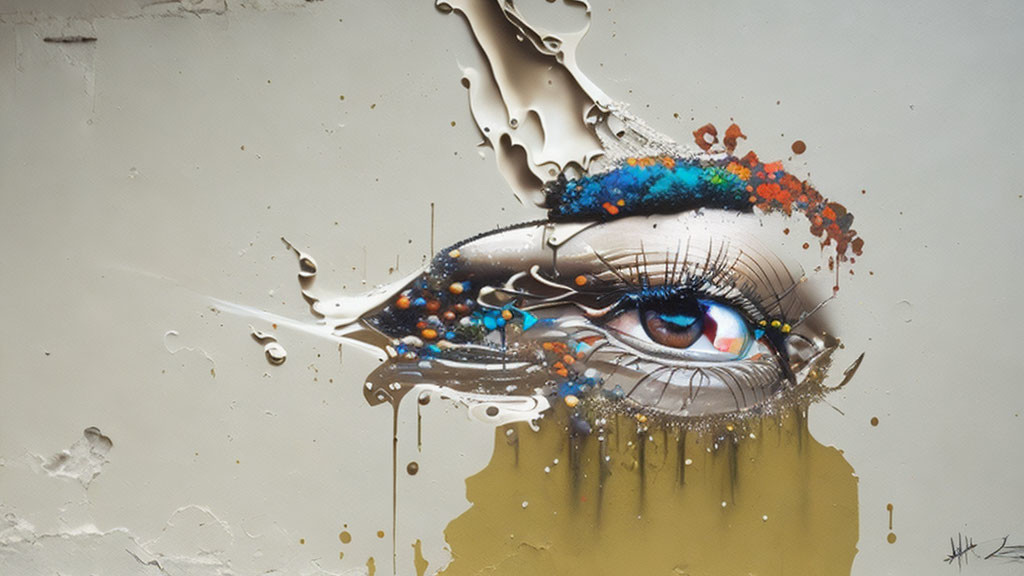 Hyperrealistic Eye Mural with Colorful Splashes and Drips