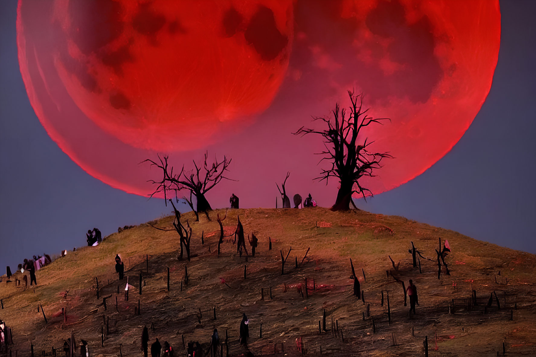 Eerie red moon over barren trees and sinister stakes