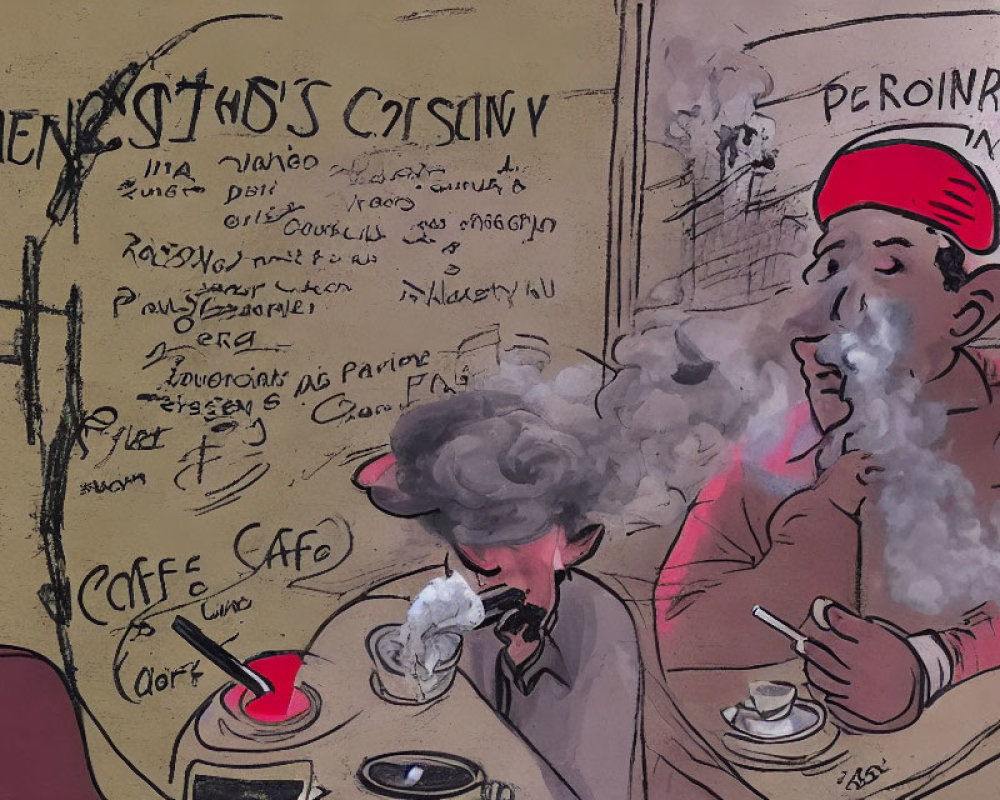 Illustration of person in red hat exhaling smoke at cafe table among graffiti walls