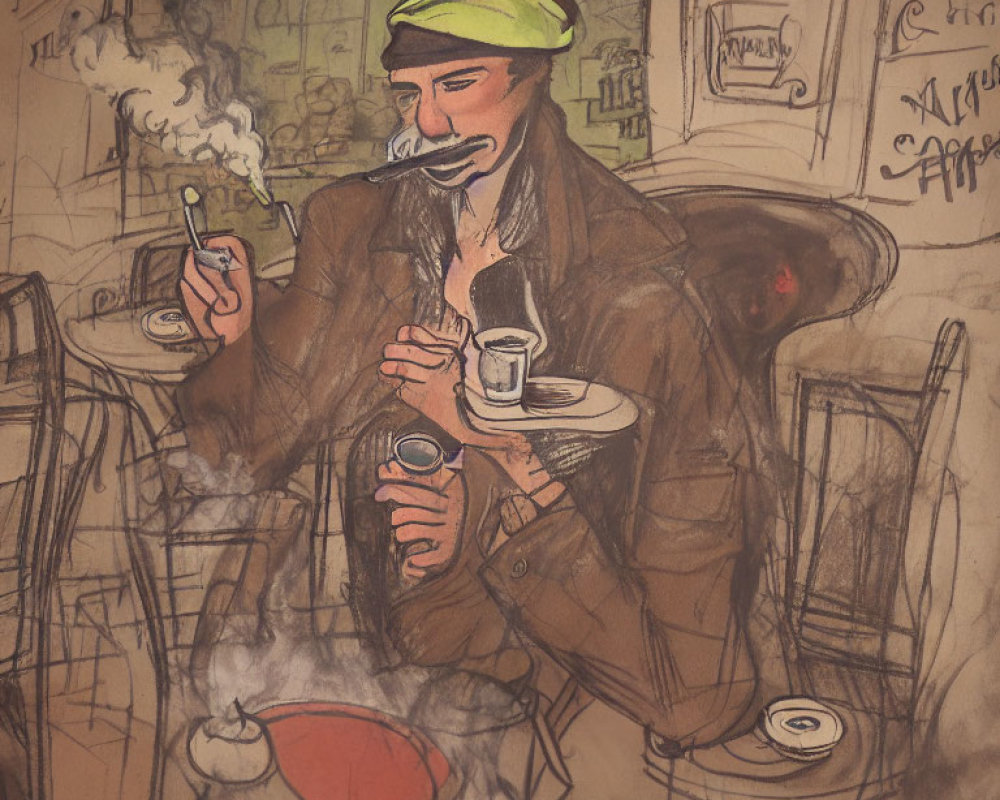 Man in beret smoking and holding coffee at cafe in sketched illustration