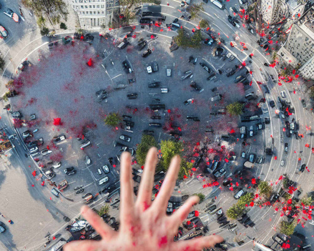 Busy roundabout with vehicles and red trees, blurred hand foreground