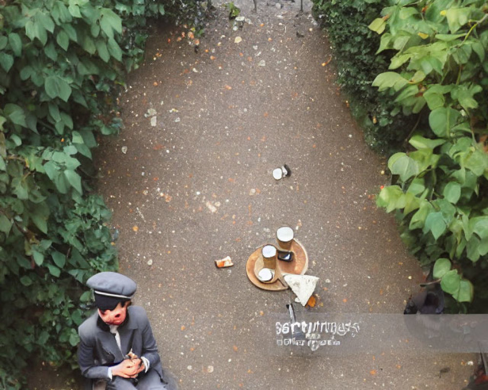 Man sitting at table with papers and spilled drink in greenery setting