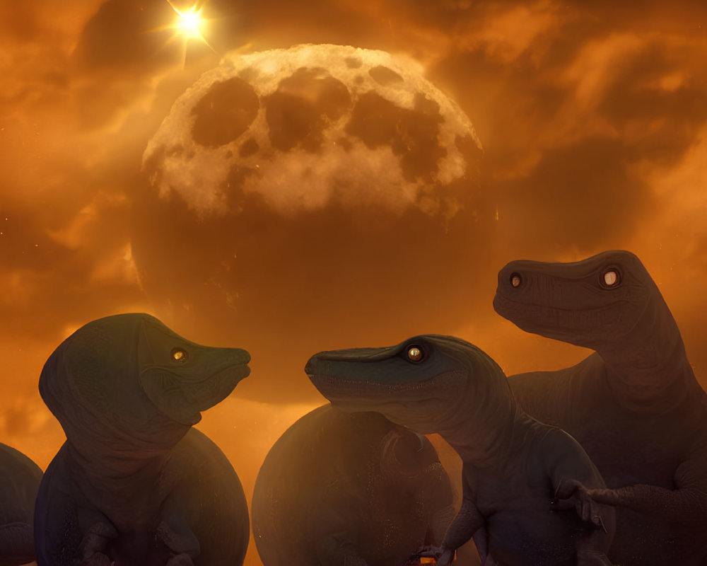 Silhouetted velociraptors under moonlit sky.