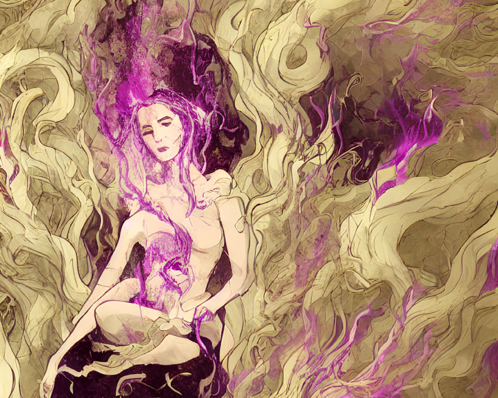 Illustration of woman with purple energy and gold patterns.