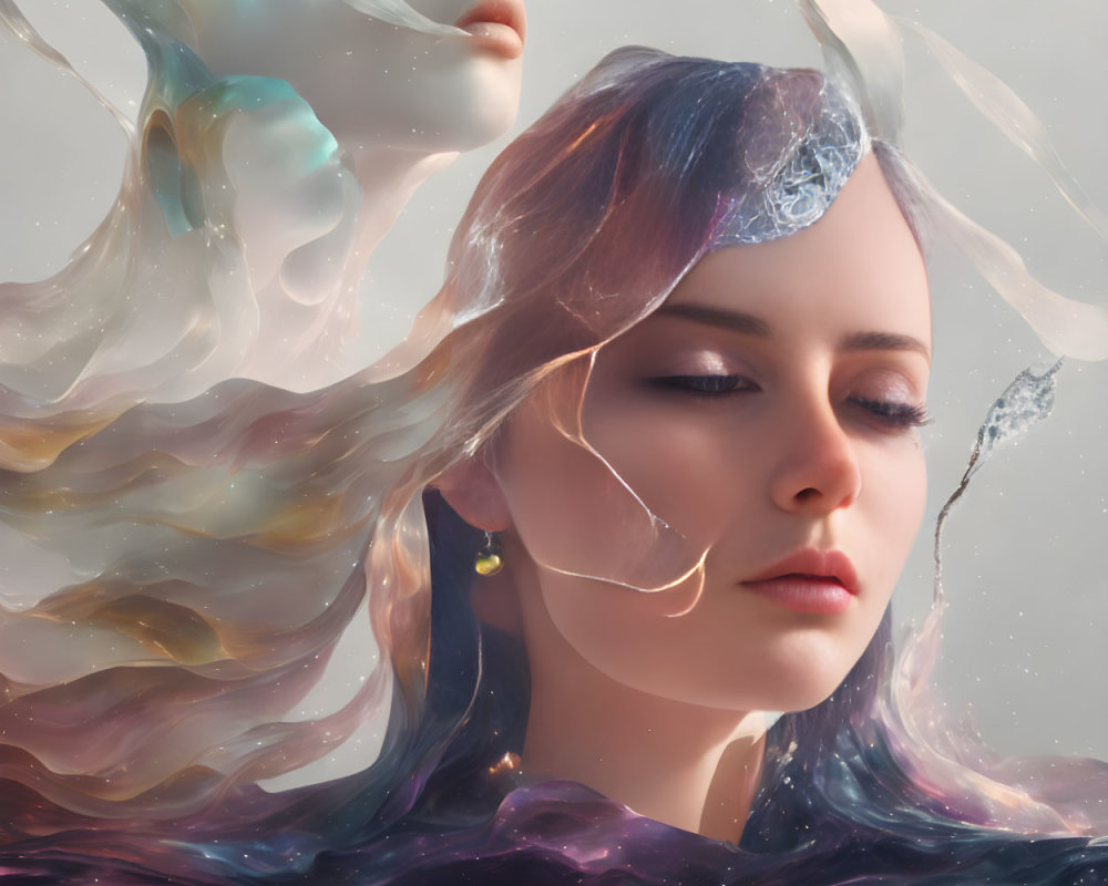 Ethereal surreal portrait of a woman with cosmic layers against nebulous backdrop