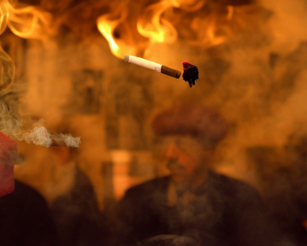 Person holding lit cigarette with smoke trail in red sleeve, blurred figures in smoky background