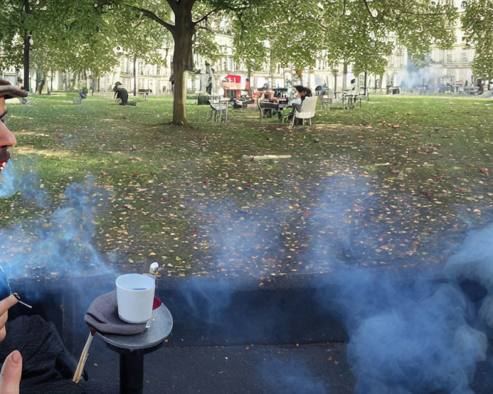 Person exhaling smoke in park with coffee cup and autumn leaves.