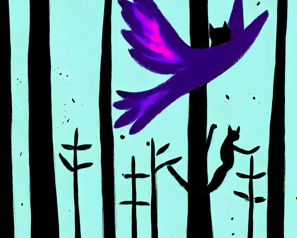 Purple bird in flight over black trees and teal sky with plants