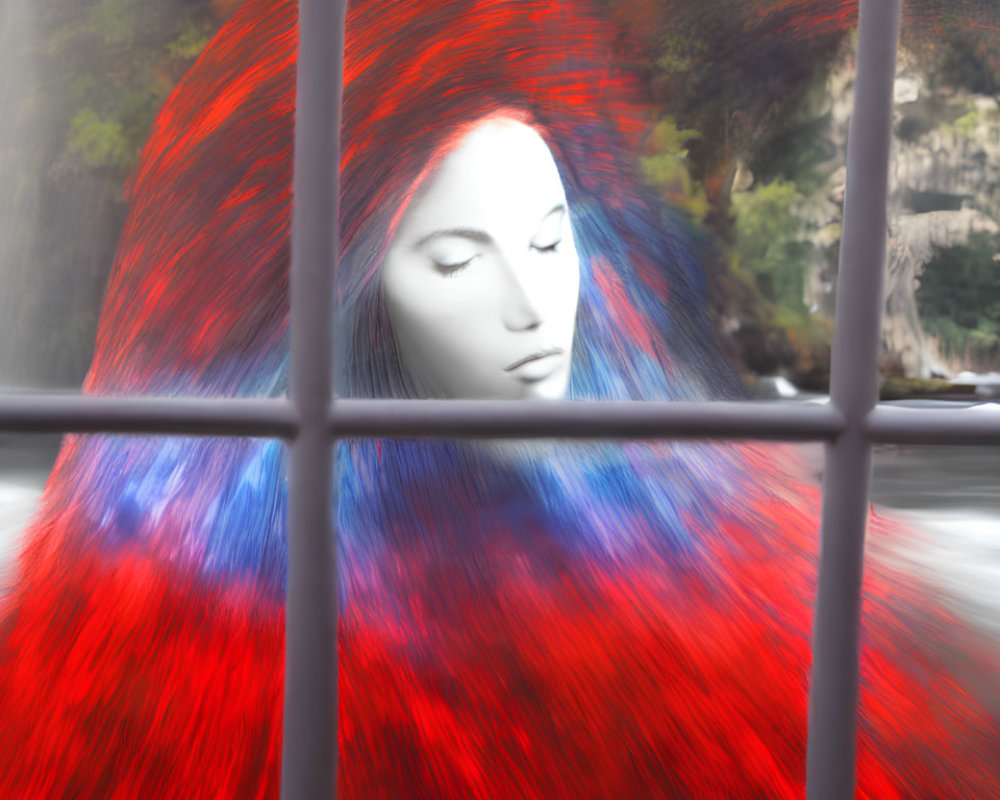 Surreal female figure with red and blue hair by window grid overlooking waterfall