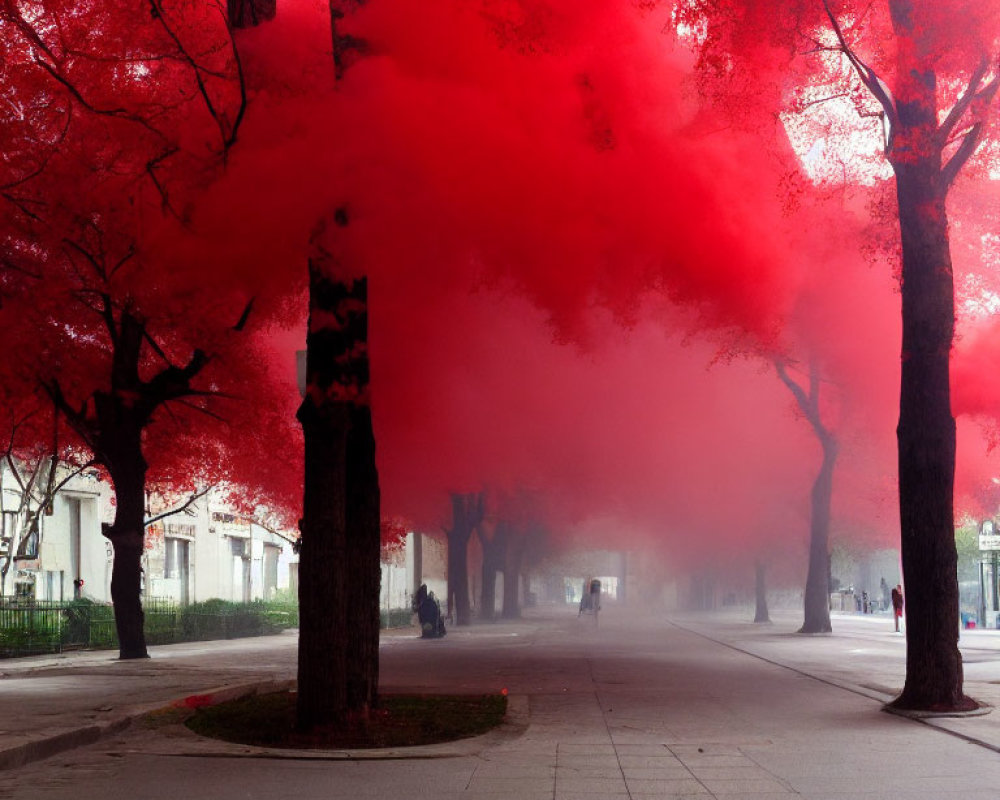 Red-tinted fog over vibrant red trees on city street