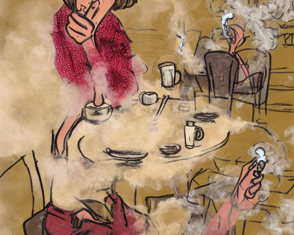 Two people in a cafe lost in thought amidst coffee cups and smoke