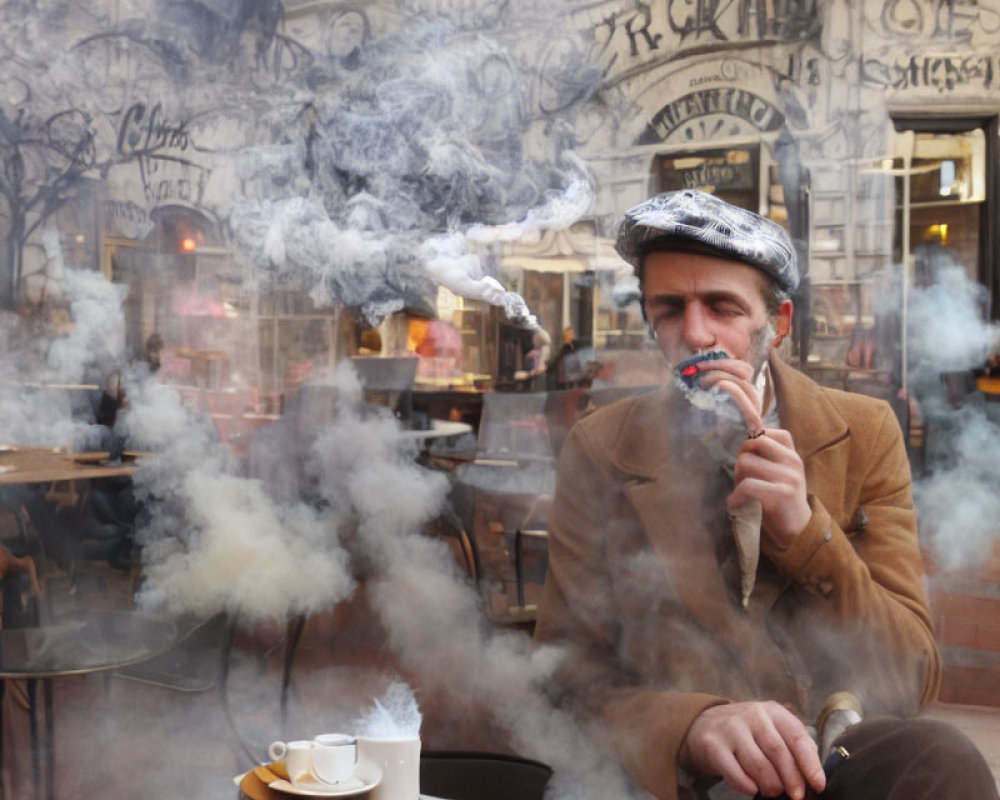 Man Smoking Pipe Outside Café Surrounded by Smoke and Empty Cups