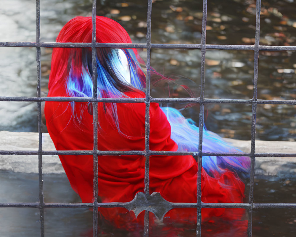 Vibrant red and blue hair person sitting by river behind black metal fence