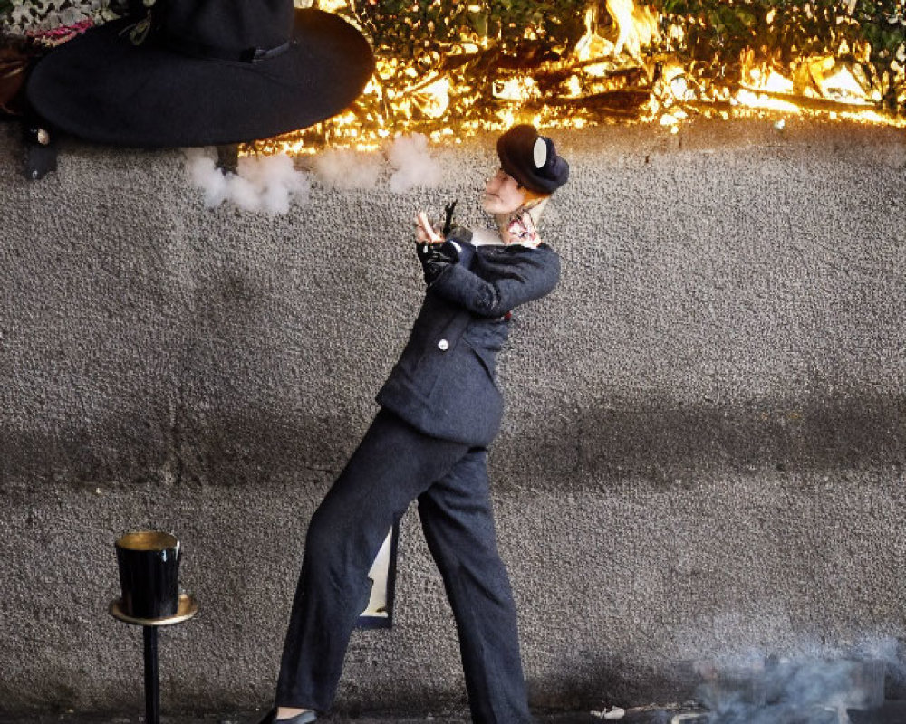 Person in grey suit defies gravity next to person surrounded by ivy