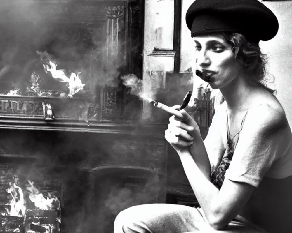 Vintage black and white photo: Person in beret smoking pipe by fireplace