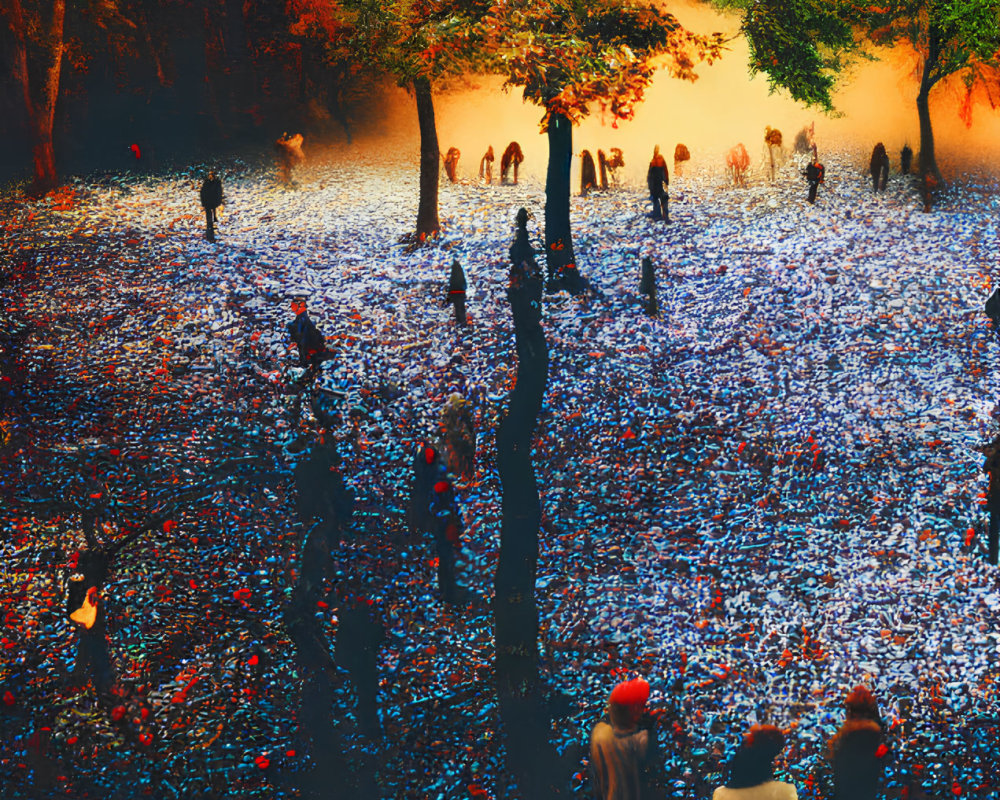 Crowded autumn landscape with fallen leaves and warm light