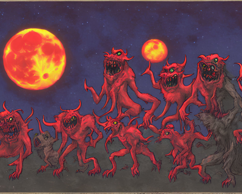 Menacing red-eyed creatures howling under a red moon sky