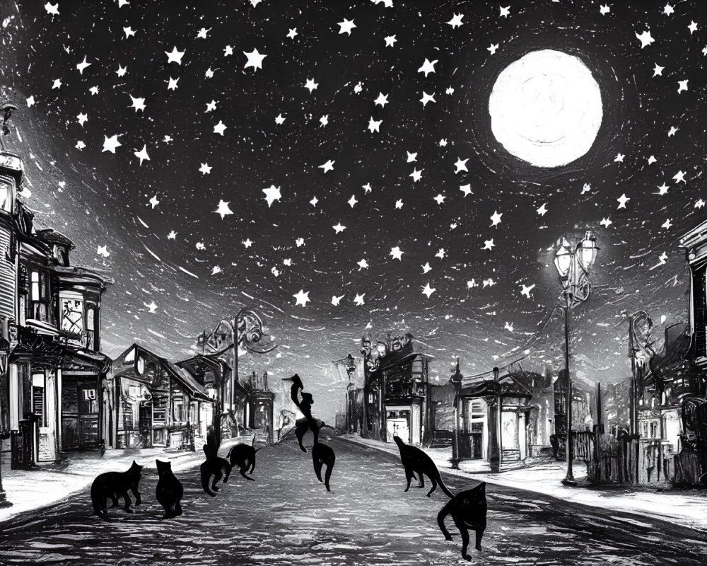 Monochrome whimsical night scene with moon, stars, animals, and Victorian-era buildings