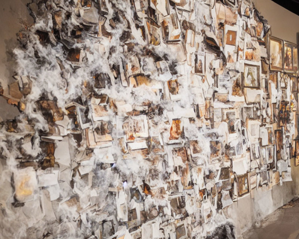 Aged and burned photographs on wall with fluffy material - chaotic collage.