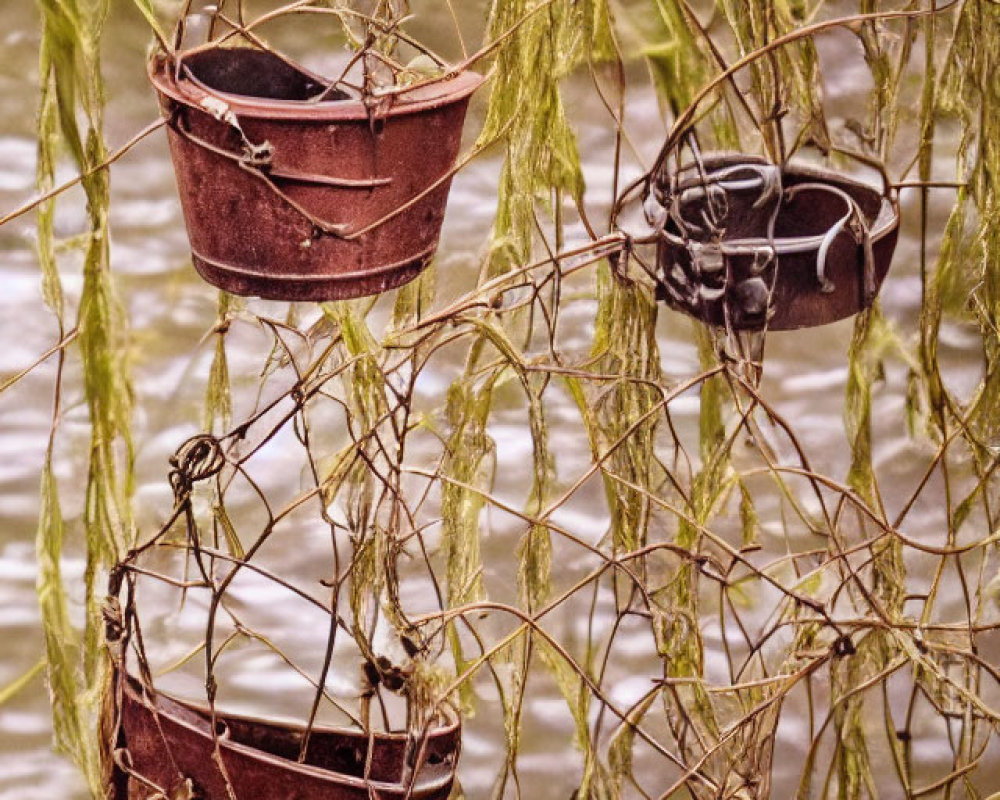 Rusted buckets hanging from vines against blurred water background