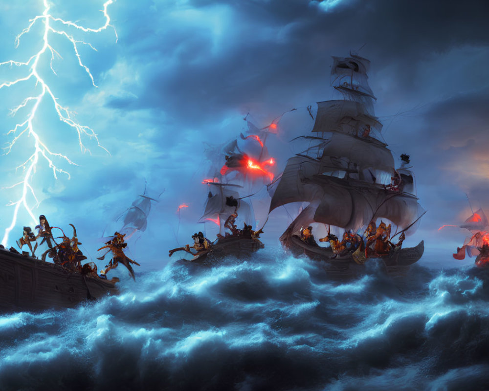 Fierce battle of animated pirate ships in stormy sea