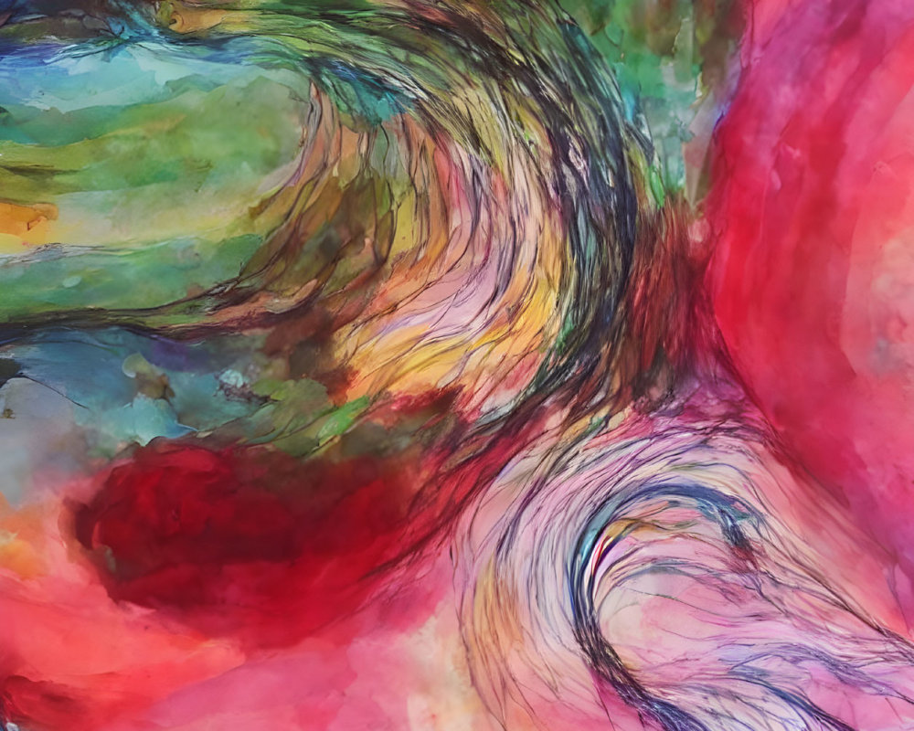 Vibrant red, green, and blue abstract art with dynamic strokes and watercolor textures.