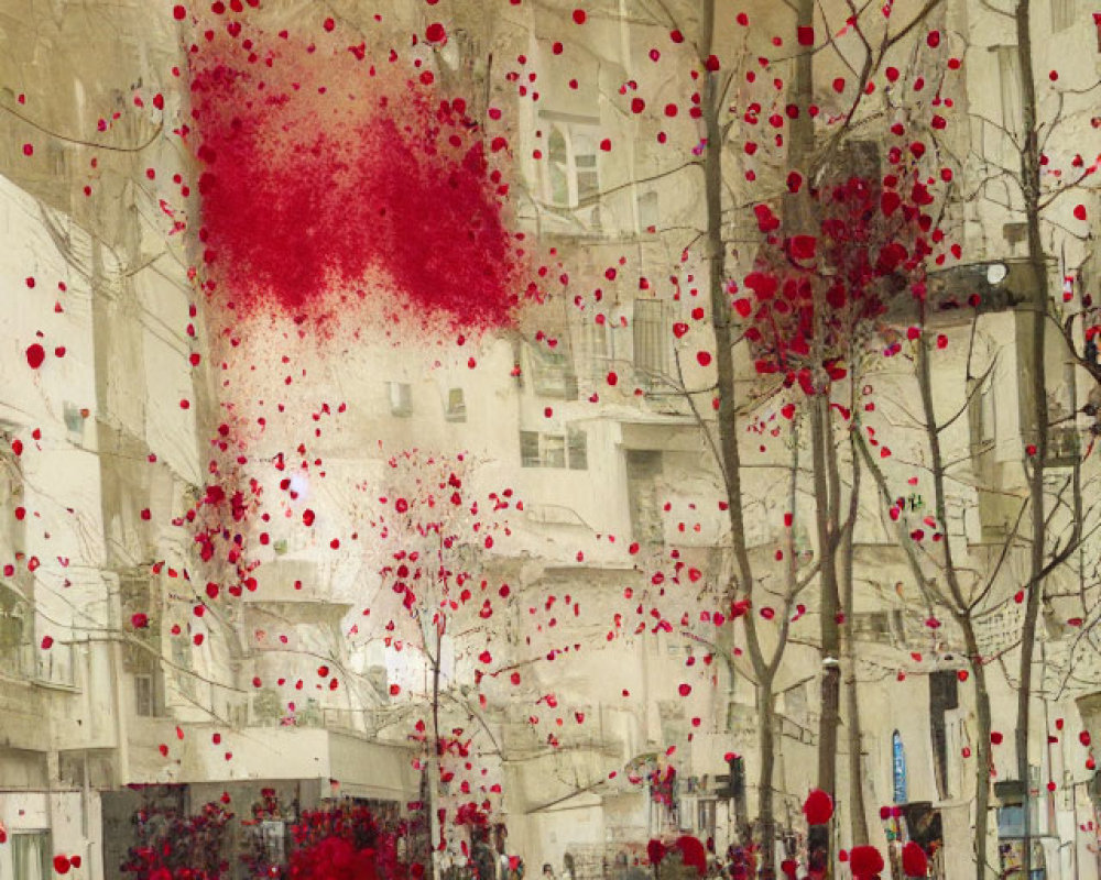 Street Scene with Trees and Red Dots Cloud, People in Red Clothing, Suspended Red Spheres