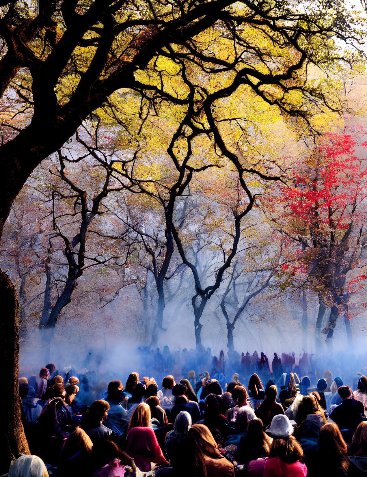 Autumn outdoor scene with people under golden and red leaves, sunlight, and mist