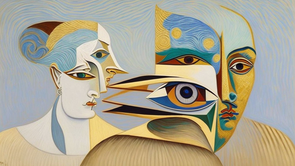 Abstract painting with stylized human faces, intersecting lines, geometric shapes, central eye, warm colors