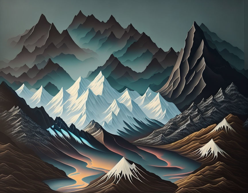 Layered Mountain Ranges: Snow-Capped Peaks & River in Blue, Brown, Orange