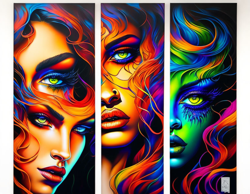 Colorful Panels of Stylized Female Faces with Flowing Hair