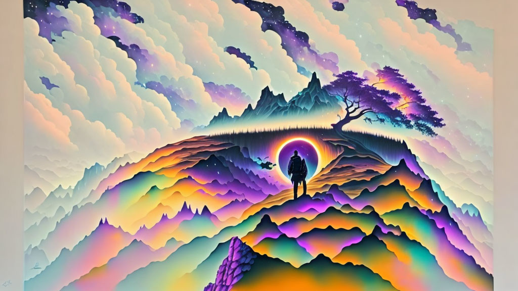 Vibrant surreal landscape with person, mountains, tree, and colorful skies