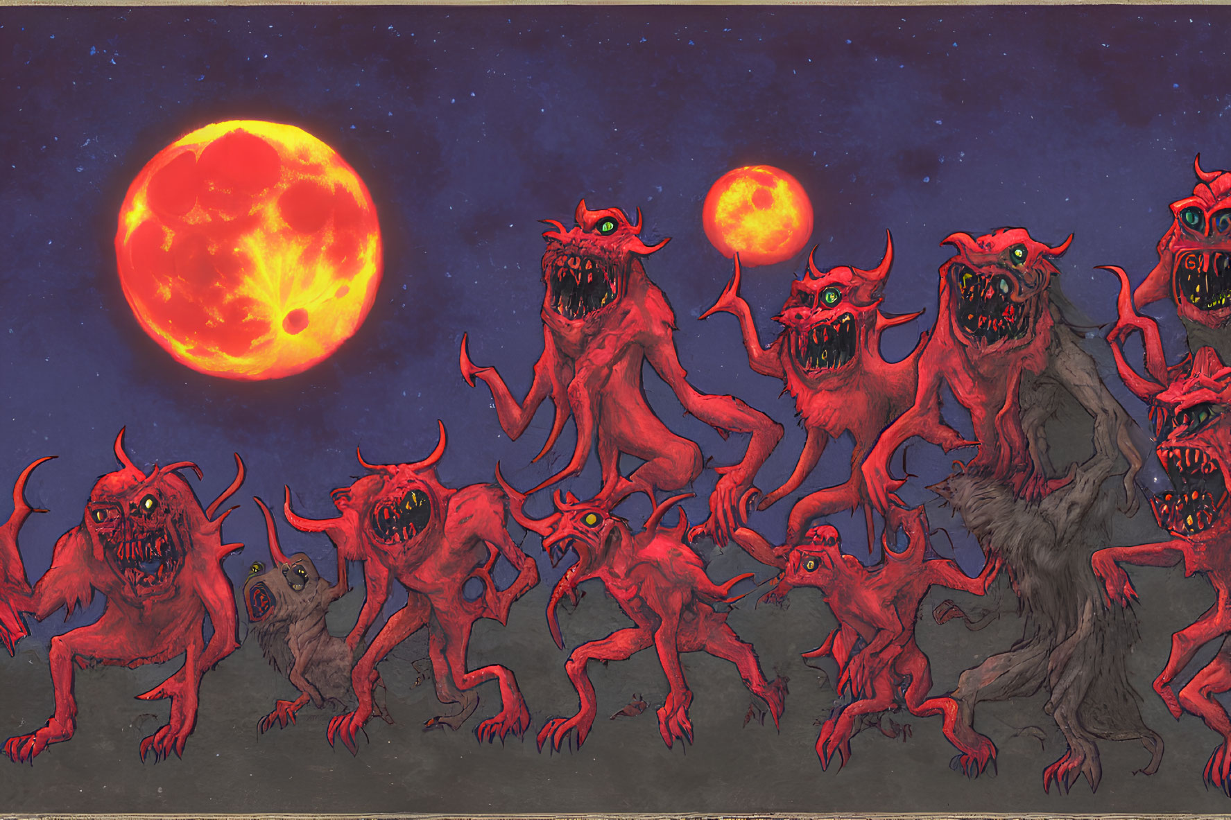 Menacing red-eyed creatures howling under a red moon sky