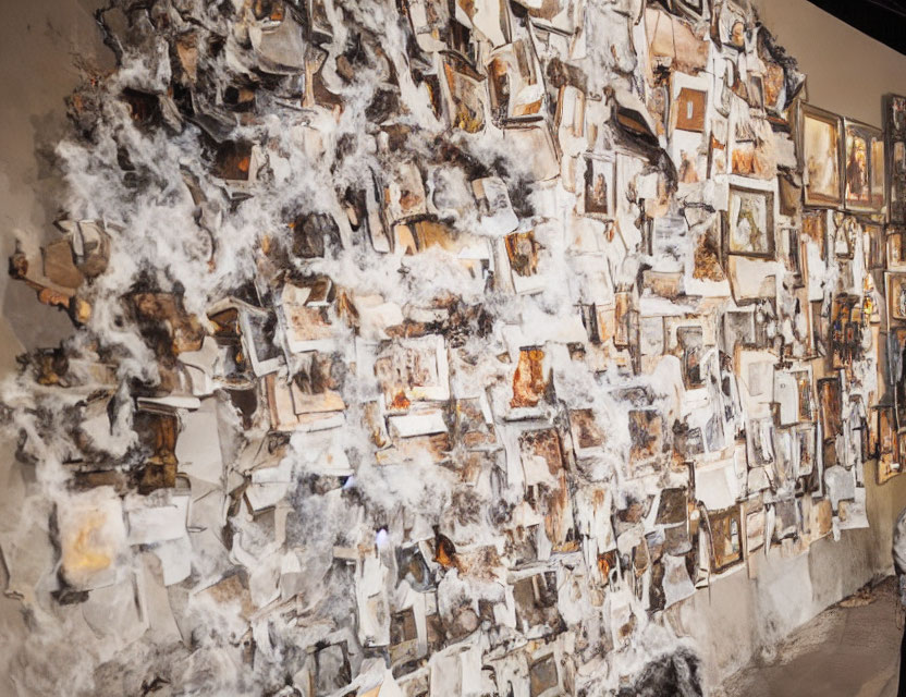 Aged and burned photographs on wall with fluffy material - chaotic collage.