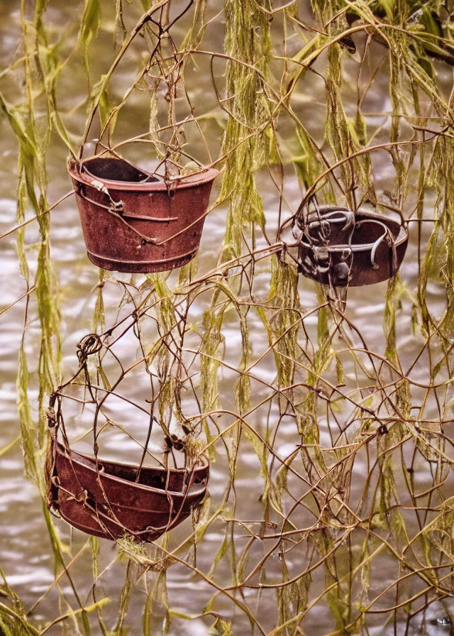 Rusted buckets hanging from vines against blurred water background