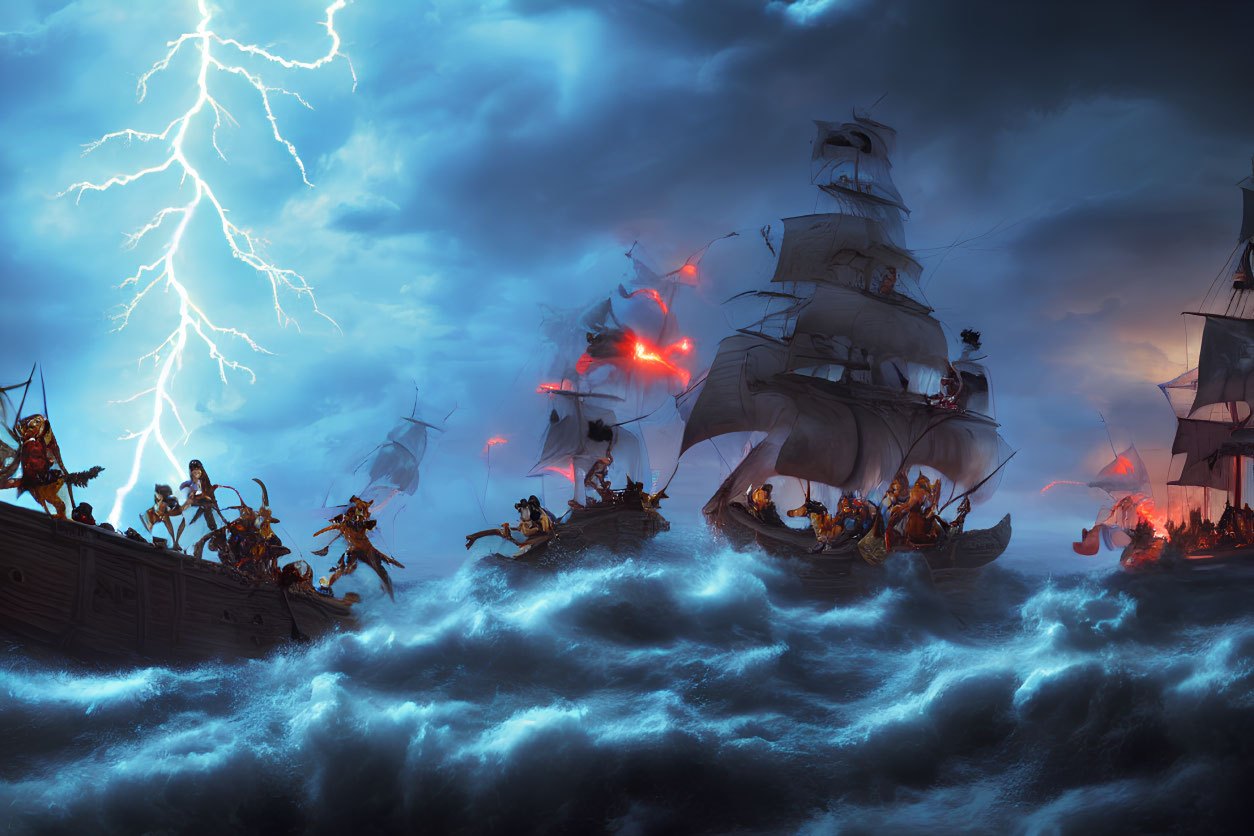 Fierce battle of animated pirate ships in stormy sea