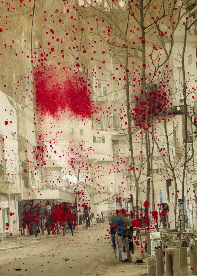 Street Scene with Trees and Red Dots Cloud, People in Red Clothing, Suspended Red Spheres